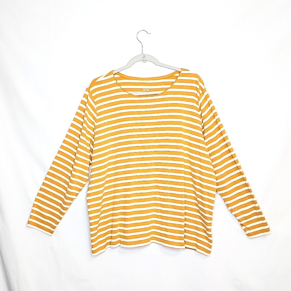 CJ Banks horizontal strip, long sleeved tee. Gold/white 1X